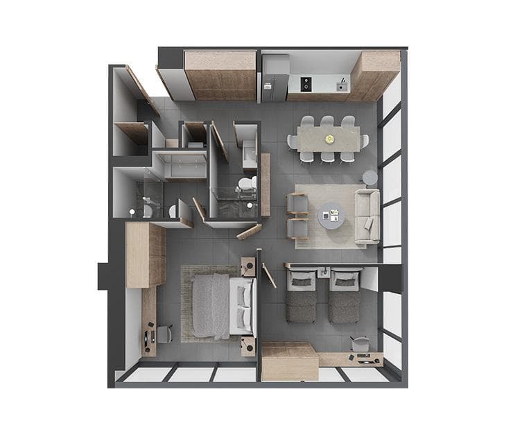 Diagrama de distribución de espacios departamentos con recamaras y baños, Nuevo León México