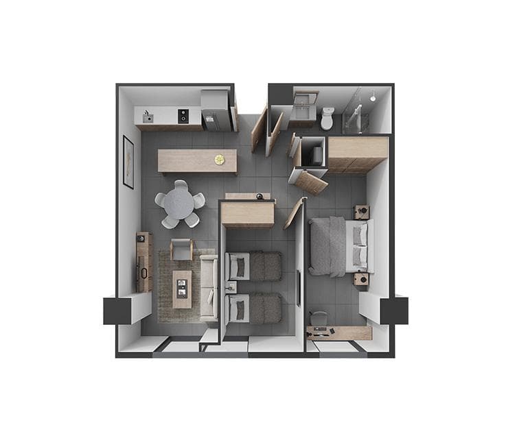 Vista aérea del diseño interior del departamento Be Gran, Vitant San Pedro.