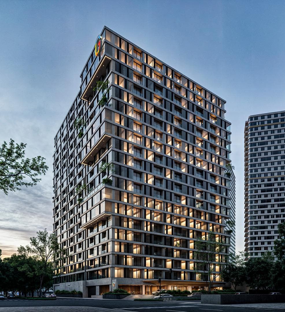 Vista exterior de torre residencial Be Grand Polanco.
